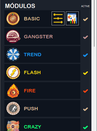Tela do SpinPro com a lista de módulos de análise: Basic, Gangster, Trend, Flash, Fire, Push e Crazy